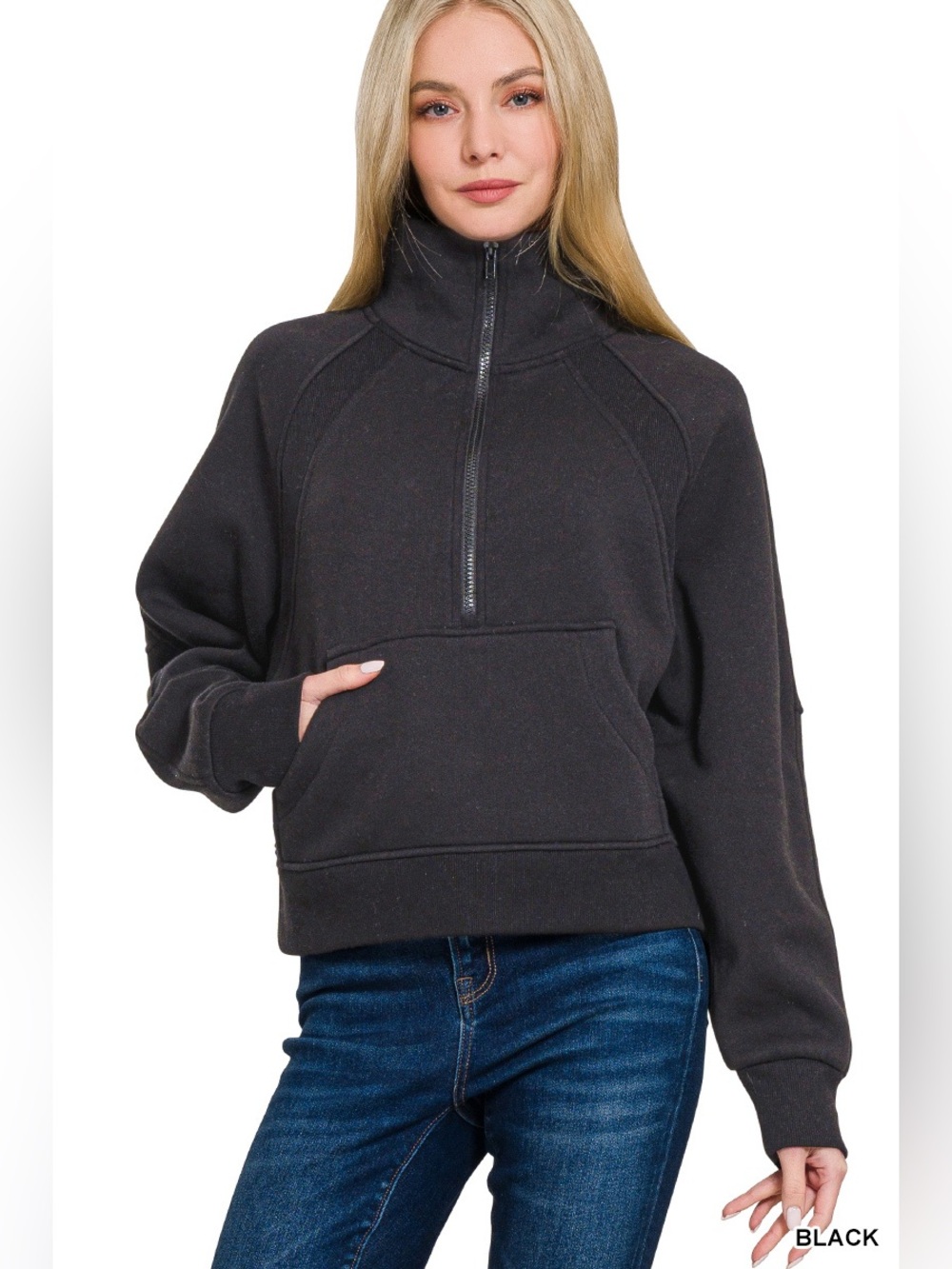 Zenana Black Fleece Half-Zip Kangaroo Pocket Sweatshirt